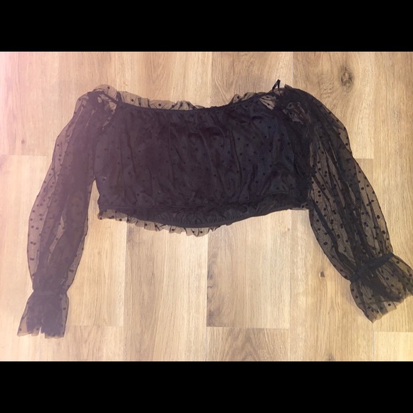 Off Shoulder Ruffle Trim Swiss Dot Mesh Top - Picture 2 of 3